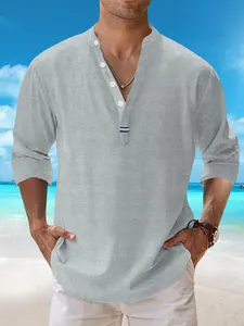Men's casual gray linen beach shirt with stand collar and buttoned V-neck detail