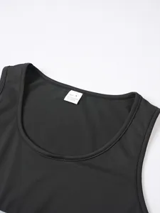 Detailed view of the neckline and size label on a black men's fitness tank top vest