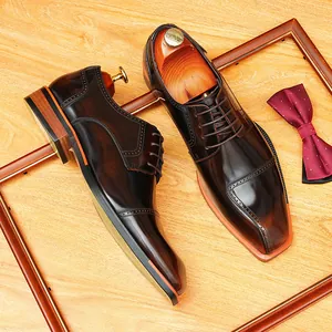 Men's Genuine Cowhide Leather Derby Shoes British Retro Chisel Toe Brogue Burnished Business Formal Dress Shoes For Wedding