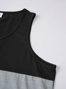 Close-up of stitching and fabric detail on men's black and grey fitness tank top