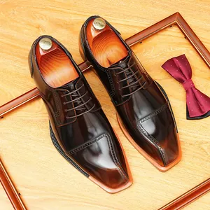 Vintage polished leather Derby shoes with sharp blade-toe design for weddings