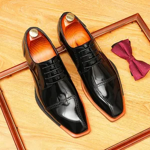 Elegant shiny black blade-toe leather Derby shoes for formal business and weddings