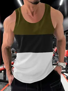 Men's athletic slim fit tank top with army green, black, and white color block design