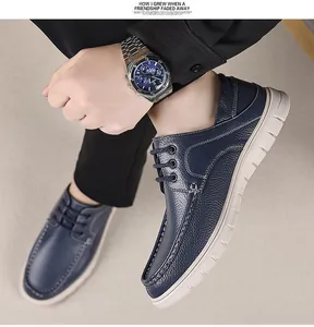 Zapatos casuales de cuero azul marino para hombre con suela blanda transpirable y cordones