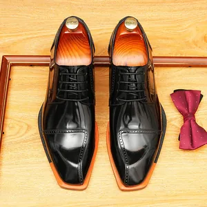 Premium glossy black leather derby shoes with unique blade toe for formal wedding business events