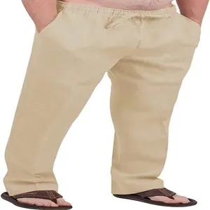 Casual men's linen trousers in beige featuring a comfortable drawstring elastic waist.