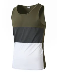 Slim fit color-block men's fitness tank top featuring army green, gray, and white stripes