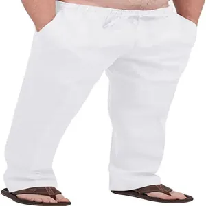 Men's lightweight white linen pants with adjustable drawstring waist for casual summer wear
