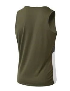 Back view of a men's olive green sports tank top featuring stylish side color blocking.