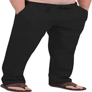 Lower body view of men's comfortable black linen pants with adjustable drawstring waist