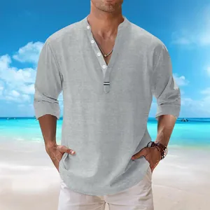 Men's casual grey cotton linen shirt with stand collar and long sleeves for beach