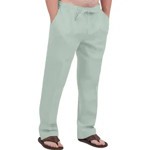 Men's sage green linen trousers with drawstring waist and breathable fabric