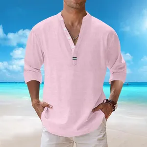 Casual men's pink cotton linen long sleeve shirt featuring a stand collar for beach wear