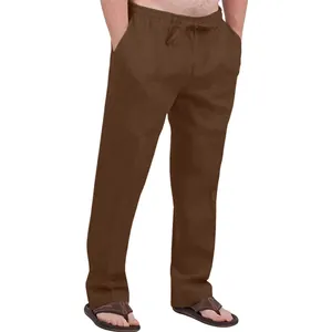 Men's brown linen drawstring trousers with elastic waist and comfortable loose fit