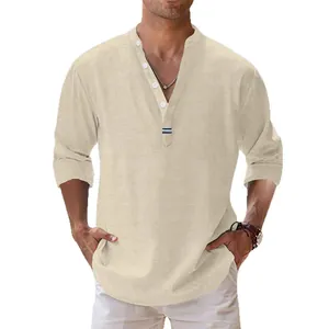 Men's casual linen henley shirt with stand collar and button V-neck in beige finish
