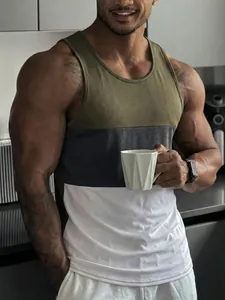 Detailed view of men's slim fit color block fitness tank top in olive and white