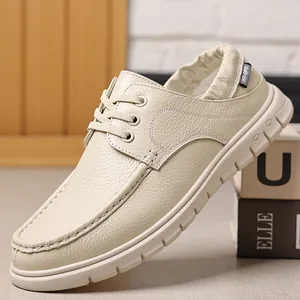 Zapatos de Cuero Casuales para Hombre de Cuero de Vaca 2025 Suela Blanda Transpirables Ligeros con Cordones para Caminar Hombre