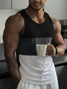 Men's slim-fit three-color block athletic tank top for gym and outdoor leisure