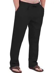 Men's solid black linen trousers with drawstring elastic waist and a comfortable fit