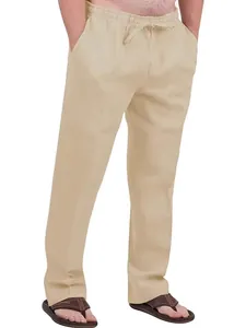 Men's beige linen drawstring trousers with elastic waist and side pockets.