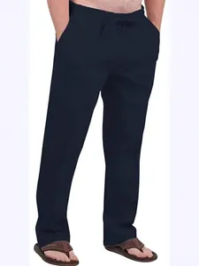 Men's navy linen trousers with drawstring elastic waist for casual outdoor daily wear.