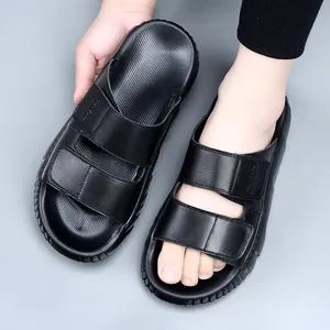 Premium heren sandalen van zwart leer met dikke EVA antislipzool voor zomer