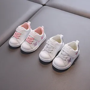 Toddler girls white walking shoes with butterfly embroidery and soft non-slip soles