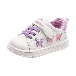 Toddler girls white walking shoes with colorful butterfly embroidery and purple velcro strap