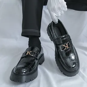 Men Business Casual Shoes Thick Sole Platform Height Increasing Loafers Crocodile Pattern Formal Wedding Groom Office Dress Shoes