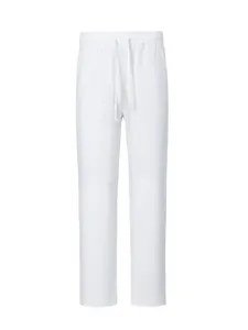 Detailed view of white men's linen cotton trousers with comfortable drawstring waist