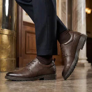 Men British Style Brogue Casual Leather Shoes Synthetic PU Burnished Lace Up Breathable Non Slip Rubber Sole Derby Shoes