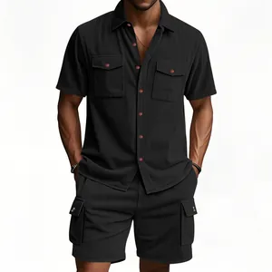 Completo uomo camicia velluto a coste manica corta e pantaloncini cargo nero estivo