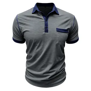 Atmungsaktives Kurzarm-Poloshirt für Herren in Grau mit marineblauen Kontrasten
