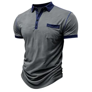 Graues Herren-Poloshirt mit marineblauem Kontrastkragen, Bündchen und funktioneller Brusttasche