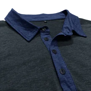 Detailansicht eines atmungsaktiven Herren-Poloshirts mit blauem Kontrastkragen und Knöpfen