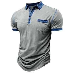 Detailansicht von grauem Herren-Poloshirt mit blauem Kragen und einer Brusttasche