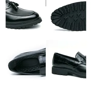 Detailed views of black tassel loafers showing crocodile texture and chunky soles.