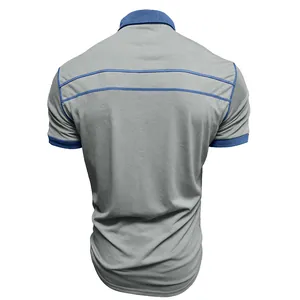 Rückenansicht des grauen atmungsaktiven Herren-Poloshirts mit blauen Paspel-Details