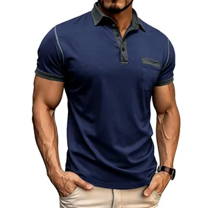 Modisches blaues Herren Kurzarm Poloshirt mit grauem Kontrastkragen und Brusttasche