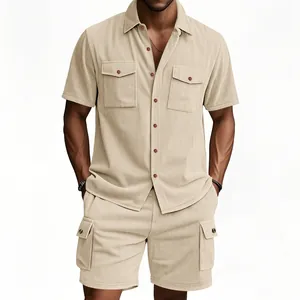Set estivo da uomo in velluto a coste con camicia a maniche corte e pantaloncini cargo
