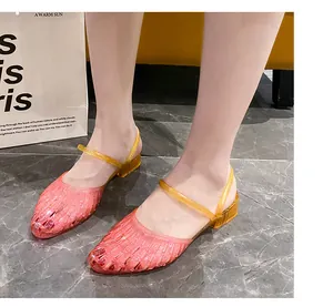 Detail shot of women's gradient pink jelly sandals with glitter finish and closed toe
