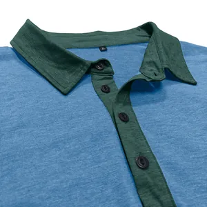 Detailaufnahme des zweifarbigen Henley-Shirts für Herren mit dunkelgrünem Kragen
