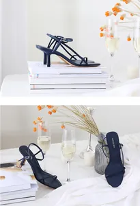 Elegant navy blue stiletto sandals with delicate ankle strap and open toe design