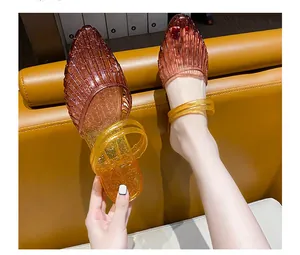 Detail showing gradient crystal jelly slippers with closed toe and wedge heel design