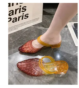 Close-up of glitter amber jelly sandals with closed toe and low wedge heel for summer wear