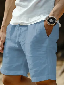 Short de plage respirant en coton et lin bleu clair pour homme avec cordon de serrage