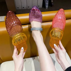 Women's Jelly Sandals Wedge Heel Pointed Toe Crystal Glitter Non-Slip PVC Slippers For Summer Vacation Casual Outwear Shoes