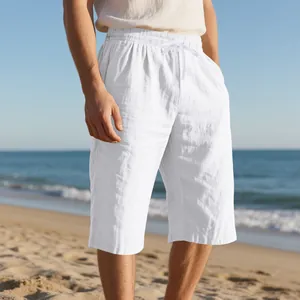 Men's breathable white linen capri shorts with drawstring waist for beach wear
