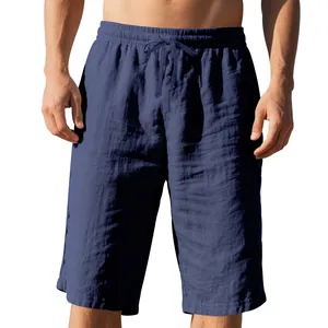 Close-up view of navy blue linen casual shorts featuring a drawstring elastic waistband for men
