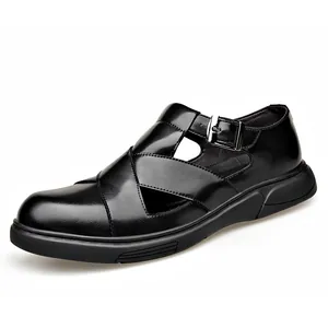 Sandalias romanas negras para hombre con diseño hueco transpirable y suela suave flexible